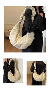Detail of quilted puffy shoulder bag featuring a unique ruched scrunchie strap design