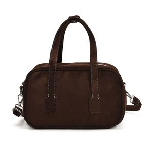 Vintage dark brown suede Boston bag with contrast stitching and adjustable shoulder strap