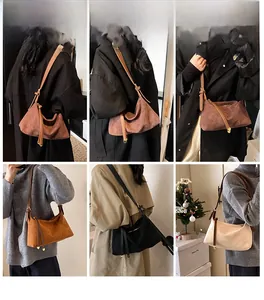Collage of four vintage suede crossbody bags in coffee, caramel, black and cream beige