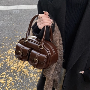 Vintage dark brown PU leather bowling bag with functional front pockets for winter fashion