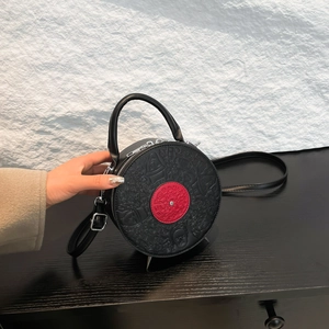 Vinyl Record Shaped Round Crossbody Bag PU Leather Retro Handheld Shoulder Purse Novelty Fashion For Women