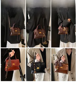 Collage of chic vintage leather crossbody bag with polka dot scarf and gold buckle detail