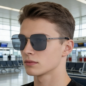 Close-up of square metal frame sunglasses with dark gray polarized lenses on a model