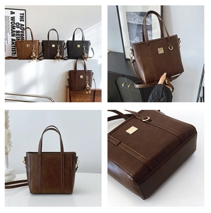 Detailed views of vintage contrast tote bag featuring metal accent and plush charm accessory