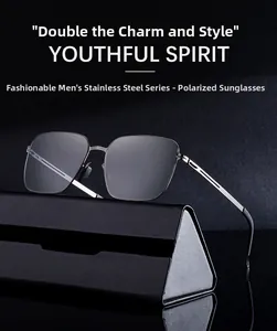 Detailed close-up of square stainless steel polarized sunglasses with nylon lenses