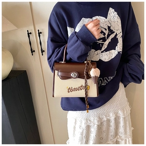 Detail of canvas shoulder bag with brown leather trim, metal lock and ice cream charm