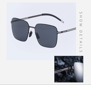 Detail view showing metal hinges and non-slip temple tips of square polarized sunglasses