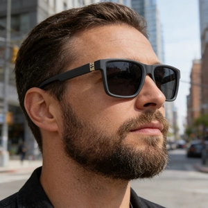 Detail of polarized square sunglasses with matte frame and gold metal temple accents