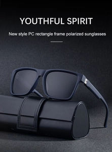 Detail of square polarized sunglasses with matte blue PC frame and metal hinge design