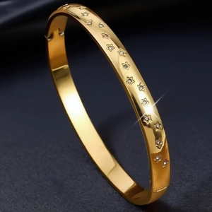 Stainless Steel Bangle Bracelet Star Engraved Hinged Cuff With Cubic Zirconia Elegant Fashion Jewelry For Women