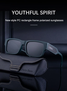 Detailed view of square polarized sunglasses with dark green PC frame and leather case
