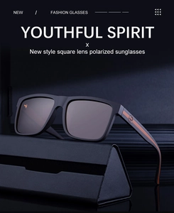 Detail of square polarized sunglasses with orange temple accents and folding triangle case