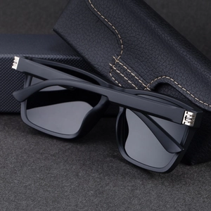 Polarized square sunglasses with silver metal hinges and premium leather storage case