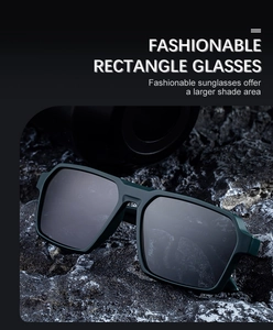 Detail view of square polarized sunglasses with model number 8517 on black rock texture