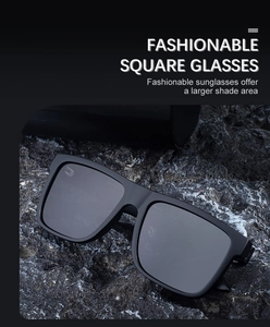 Detail view of square polarized sunglasses on rock with a cylindrical case
