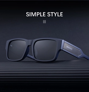 Detail of matte blue frame square sunglasses with metallic temple hinge craftsmanship
