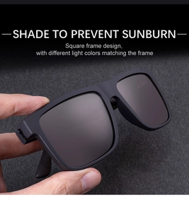 Detail of square frame polarized sunglasses in matte black held by hand on felt background