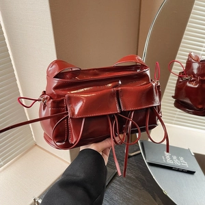 Women Underarm Bag Glossy PU Leather Multi Pockets Drawstring Ribbon Retro Street Style Shoulder Handbag