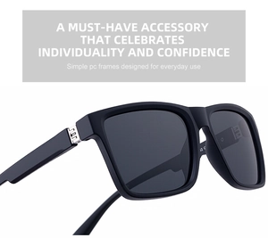 Detail of square polarized sunglasses featuring silver metal hinge and black PC frame