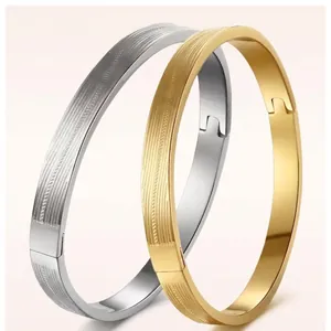 Minimalist titanium steel clover grid bangle set in silver and gold with hinge clasp
