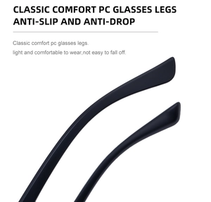 Detail of matte black PC temple arms with anti-slip and anti-drop ergonomic design