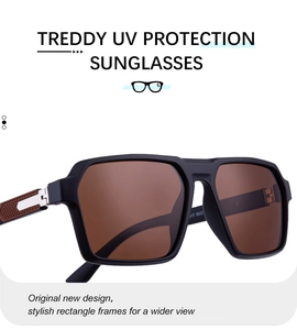 Detail of matte black square sunglasses with brown textured arms and silver accents