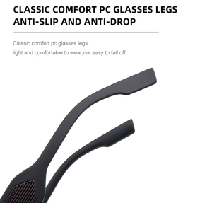 Detail of matte black PC glasses temples with anti-slip design and wavy metal decoration