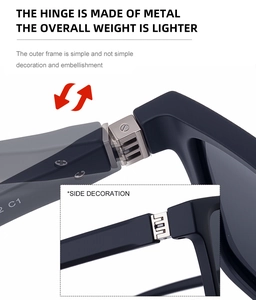 Close-up of durable metal hinge and sleek frame detail on square polarising sunglasses