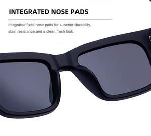 Detail of integrated nose pads on square polarized sunglasses for durable comfort