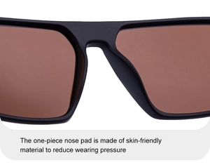 Detail of skin-friendly one-piece nose pads on matte black square sunglasses for men