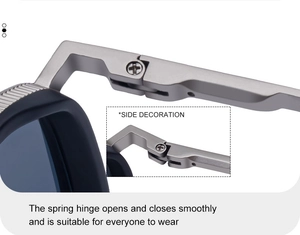Détail du mécanisme de charnière à ressort durable sur les lunettes de soleil carrées