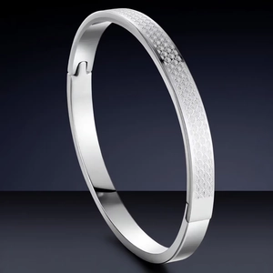 Stainless Steel Bangle For Women With Fan Shaped Starry Texture Polished Hinged Bracelet Modern Jewelry Non Fading