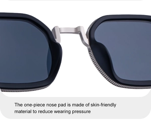 Détail des plaquettes de nez intégrées et du pont métallique argenté sur les lunettes de soleil