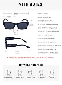 Detailed size specifications for square polarized sunglasses with PC frame and TAC lenses