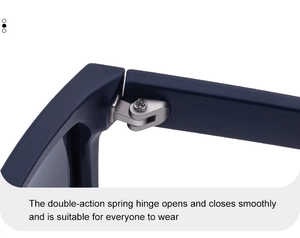 Detail view of durable double-action silver metal spring hinges on square frame sunglasses