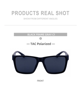 Front detail of square polarized sunglasses with black frames and grey TAC lenses