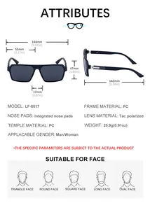 Detailed size chart for square polarized sunglasses with precise frame measurements