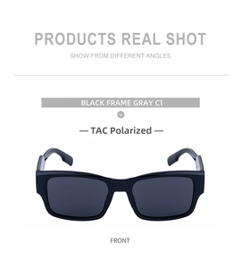 Front view of classic black square frame polarized sunglasses with grey TAC lenses