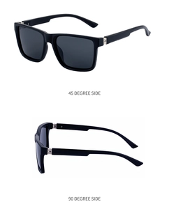 Polarized square sunglasses featuring matte black frames and silver metal hinge details