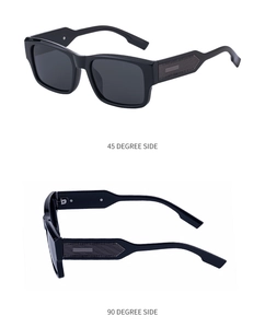 Detail view showing textured temples and metallic inserts of square black sunglasses