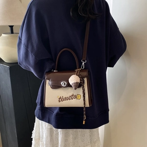 Minimalist patchwork canvas shoulder bag with cookie embroidery and silk scarf decoration