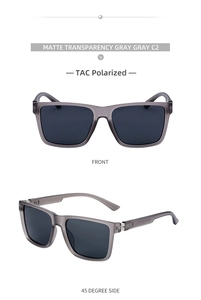 Detailed view of matte transparency gray square polarized sunglasses with TAC lenses