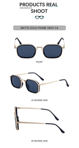 Vue sous trois angles de lunettes de soleil carrées or mat avec verres gris foncés