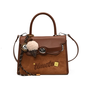 Minimalist brown dual-texture crossbody bag with embroidery and plush ice cream charm