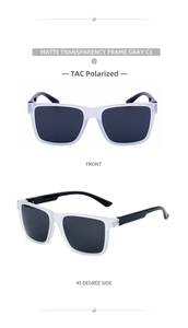 Detailed view of matte transparent square sunglasses with gray polarized lenses and front angle