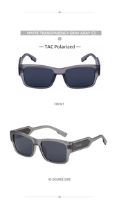 Detail view of square matte grey sunglasses with TAC polarized lenses and textured temples