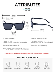 Detailed size specifications for square polarized sunglasses with model LF-8488 dimensions