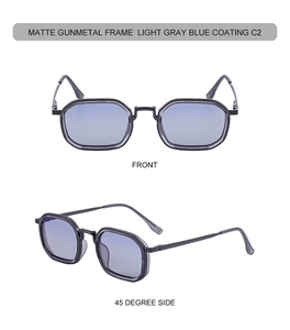 Vue détaillée de lunettes de soleil gris mat avec des verres à revêtement bleu clair