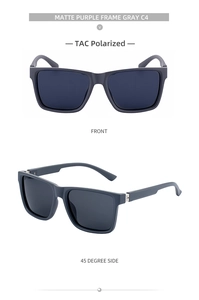 Detail view of matte purple square frame sunglasses with TAC polarized gray lenses