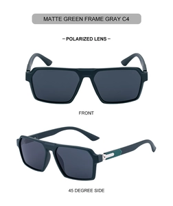 Front and 45-degree side view of matte green square polarized sunglasses with C4 markings